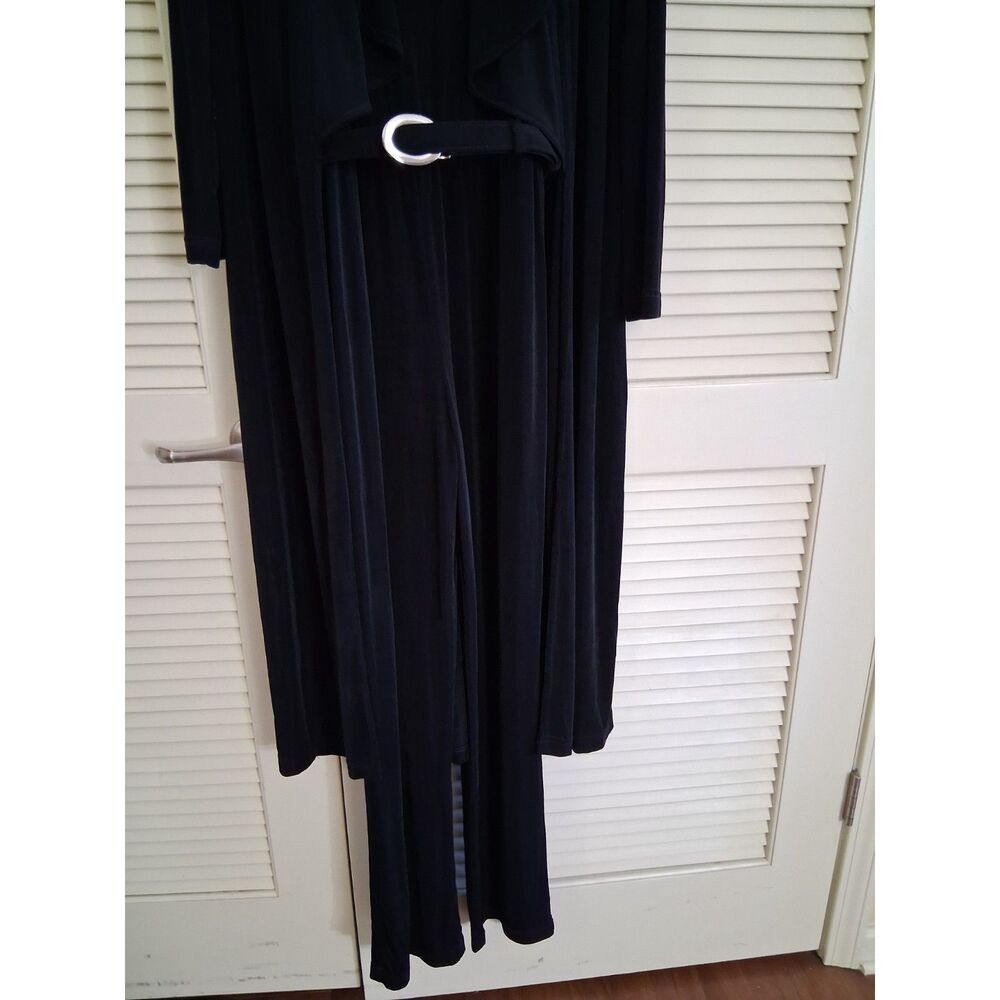 VTG 80s Cache M Jumpsuit Wide Leg Duster Cardigan Belt Black Liquid Knit Slinky - Picture 4 of 12